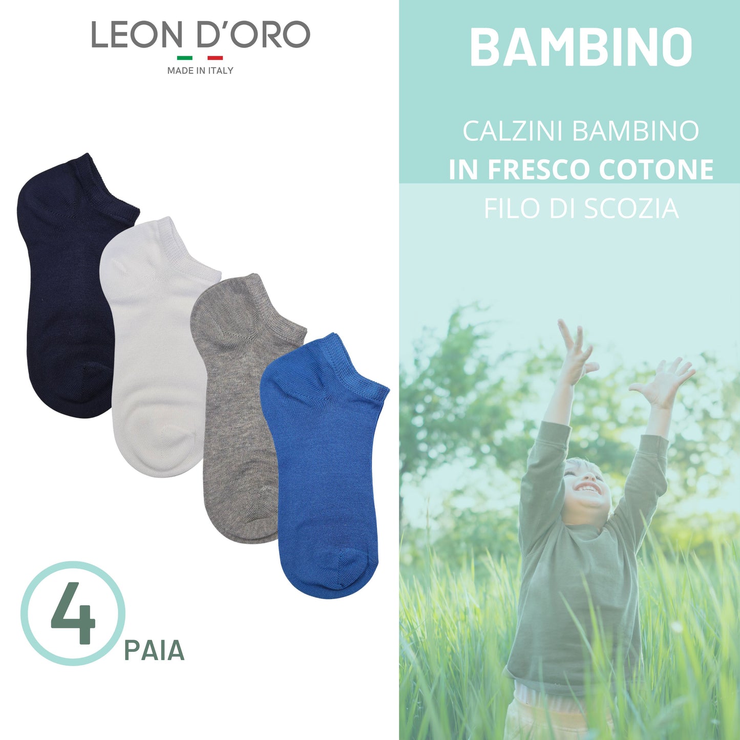 Calzini Fantasmini Bambino COTONE LEGGERO FILO DI SCOZIA 4 Paia, Calze leggere e traspiranti Made in Italy ASS2