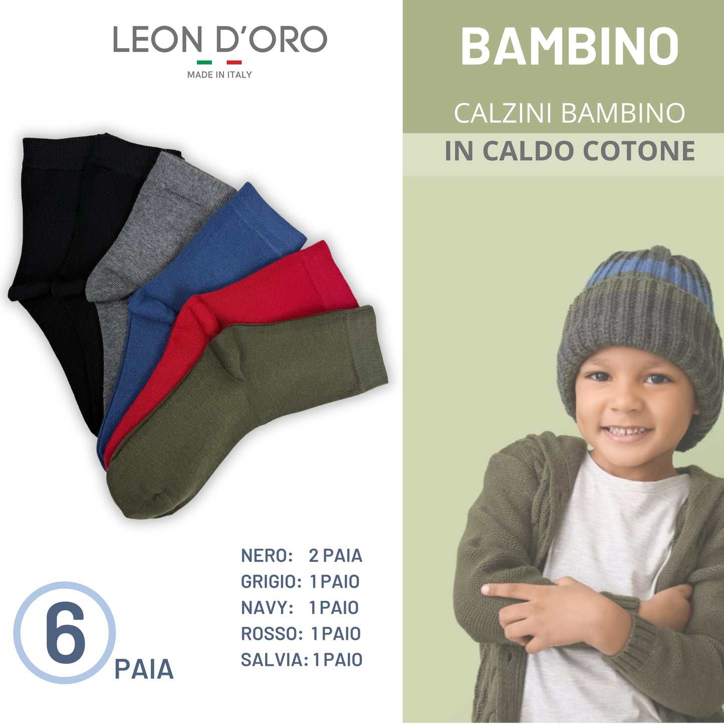 Calze Bambino in Cotone, Calzini Ragazzo per Scuola Tempo Libero in Caldo Cotone 6 Paia Made in Italy ASSM2
