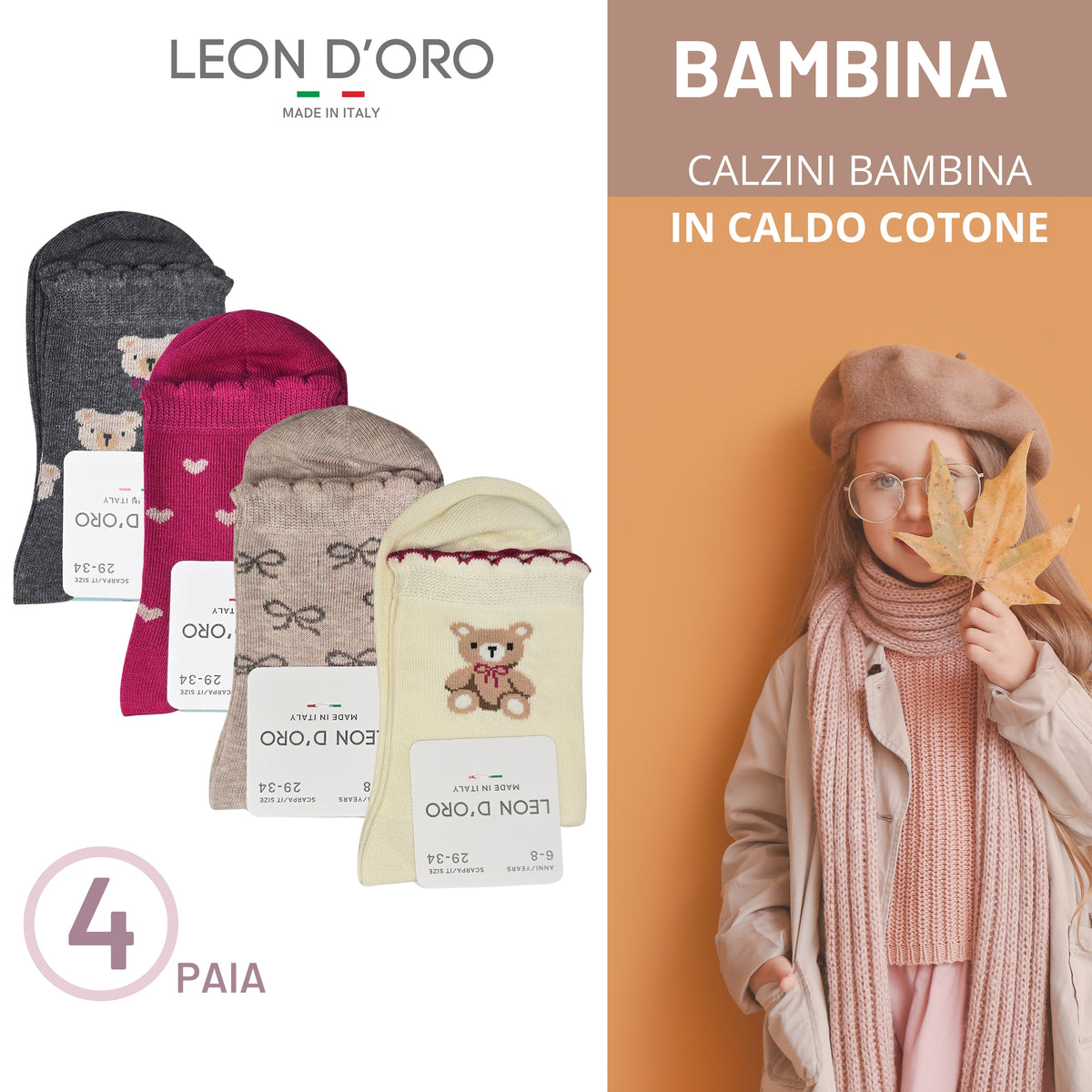 Calzini Bambina CALDO COTONE 4 Paia Calze Bimba Calze Bambina Made in Italy ASS3
