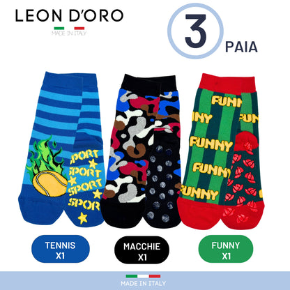 Calzini Bambino ANTISCIVOLO COTONE 3 Paia Calze Bimbo abs scuola casa gonfiabili, Made in Italy ASS1