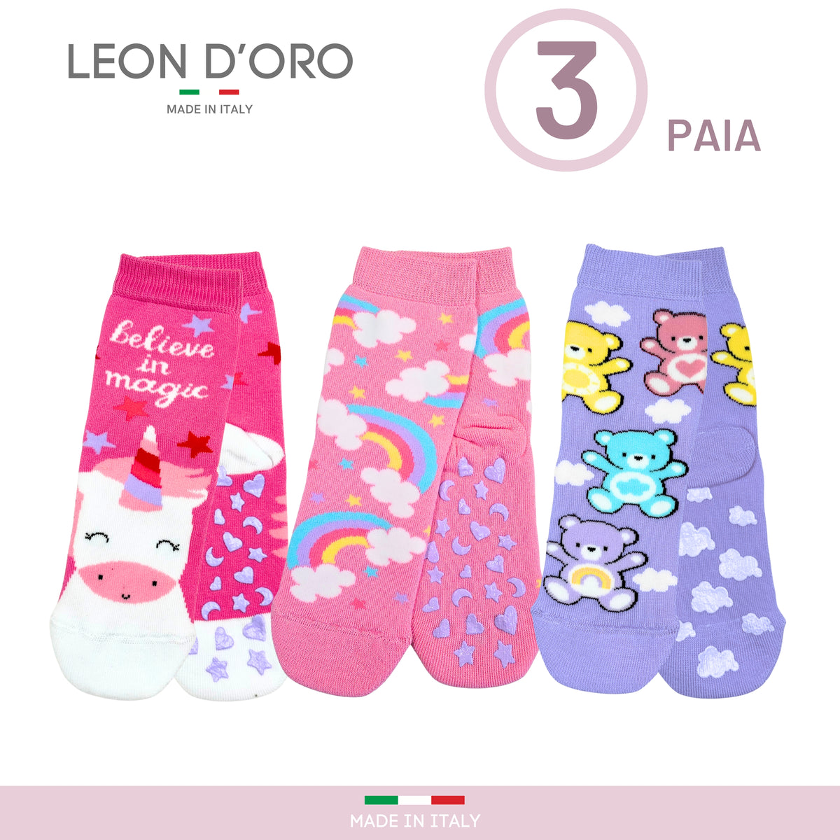Calzini Bambina ANTISCIVOLO COTONE 3 Paia Calze Bimba abs scuola casa gonfiabili, Made in Italy ASS5