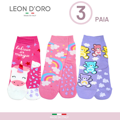 Calzini Bambina ANTISCIVOLO COTONE 3 Paia Calze Bimba abs scuola casa gonfiabili, Made in Italy ASS5