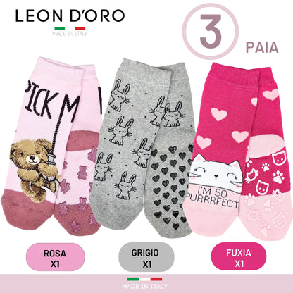 Calzini Bambina Antiscivolo Cotone 3 Paia Calze Bimba abs scuola casa gonfiabili, Made in Italy ASS3