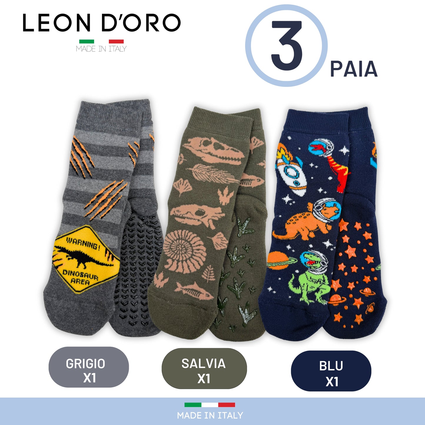 Calzini Bambino Antiscivolo Cotone 3 Paia Calze Bimbo abs scuola casa gonfiabili, Made in Italy ASS4