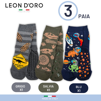 Calzini Bambino Antiscivolo Cotone 3 Paia Calze Bimbo abs scuola casa gonfiabili, Made in Italy ASS4