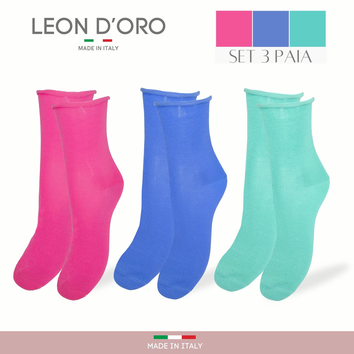 Calzini SENZA ELASTICO Donna COTONE LEGGERO FILO DI SCOZIA 3 Paia, Calze Donna Made in Italy ASS ACQUA