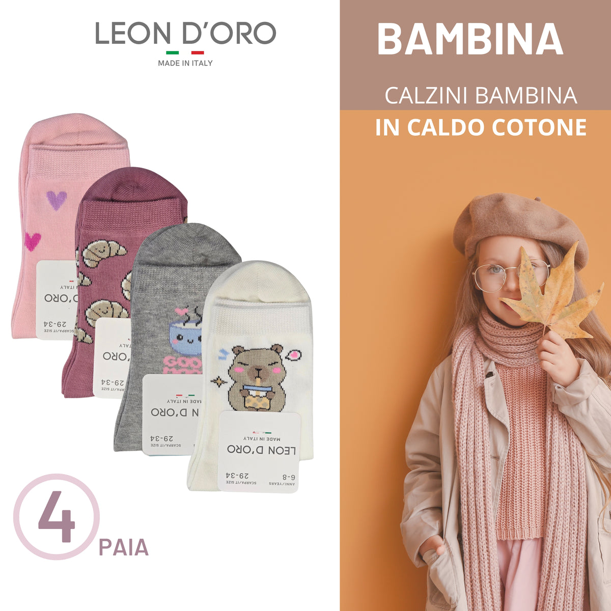Calzini Bambina CALDO COTONE 4 Paia Calze Bimba Calze Bambina Made in Italy ASS2
