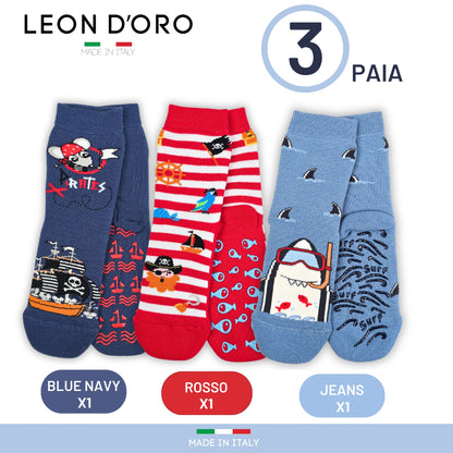 Calzini Bambino Antiscivolo Cotone 3 Paia Calze Bimbo abs scuola casa gonfiabili, Made in Italy ASS2