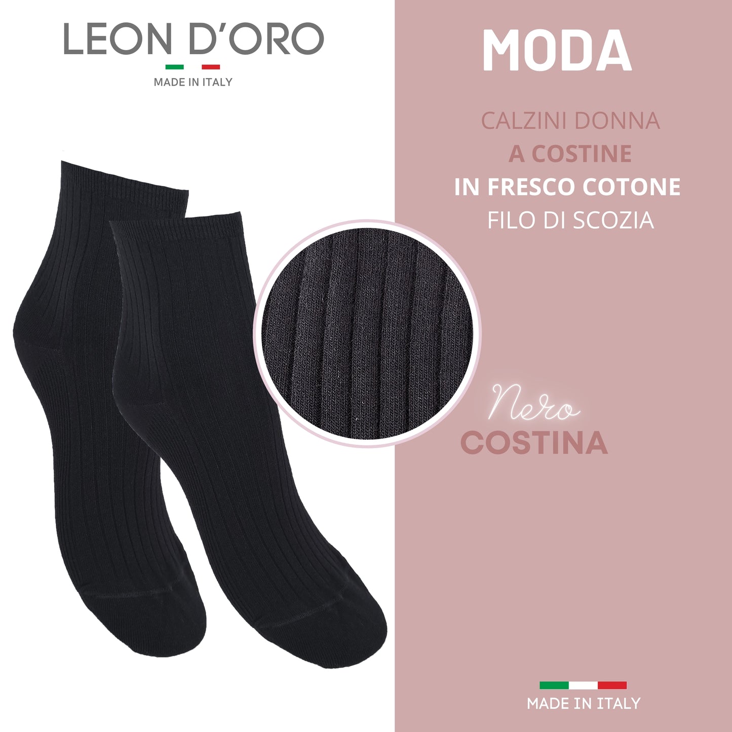 Calzini Costina Donna Cotone Leggero 3 Paia Calze Donna Filo di scozia Made in Italy NERO