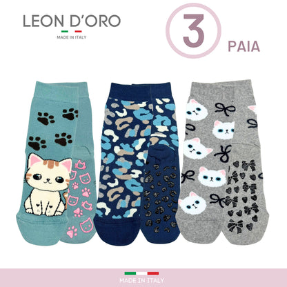 Calzini Bambina ANTISCIVOLO COTONE 3 Paia Calze Bimba abs scuola casa gonfiabili, Made in Italy ASS3