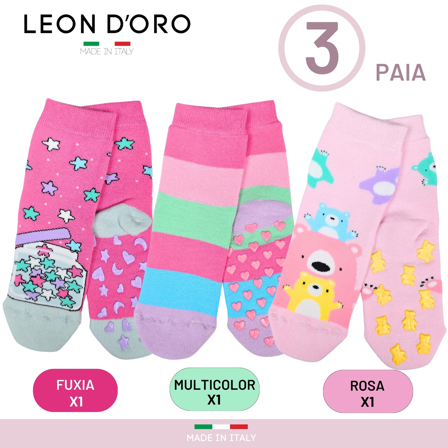 Calzini Bambina Antiscivolo Cotone 3 Paia Calze Bimba abs scuola casa gonfiabili, Made in Italy ASS2