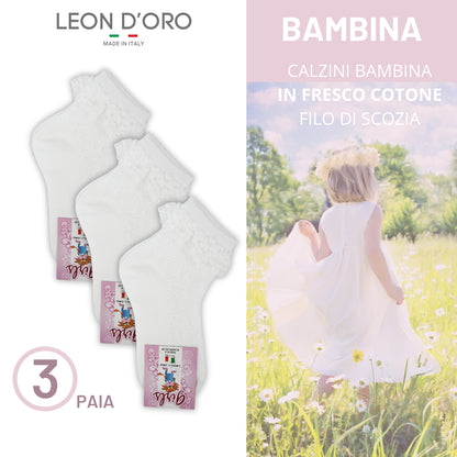 Calzini Bambina Cotone 3 Paia con Pizzo Calze Bimba Fantasmini Bambina Made in Italy
