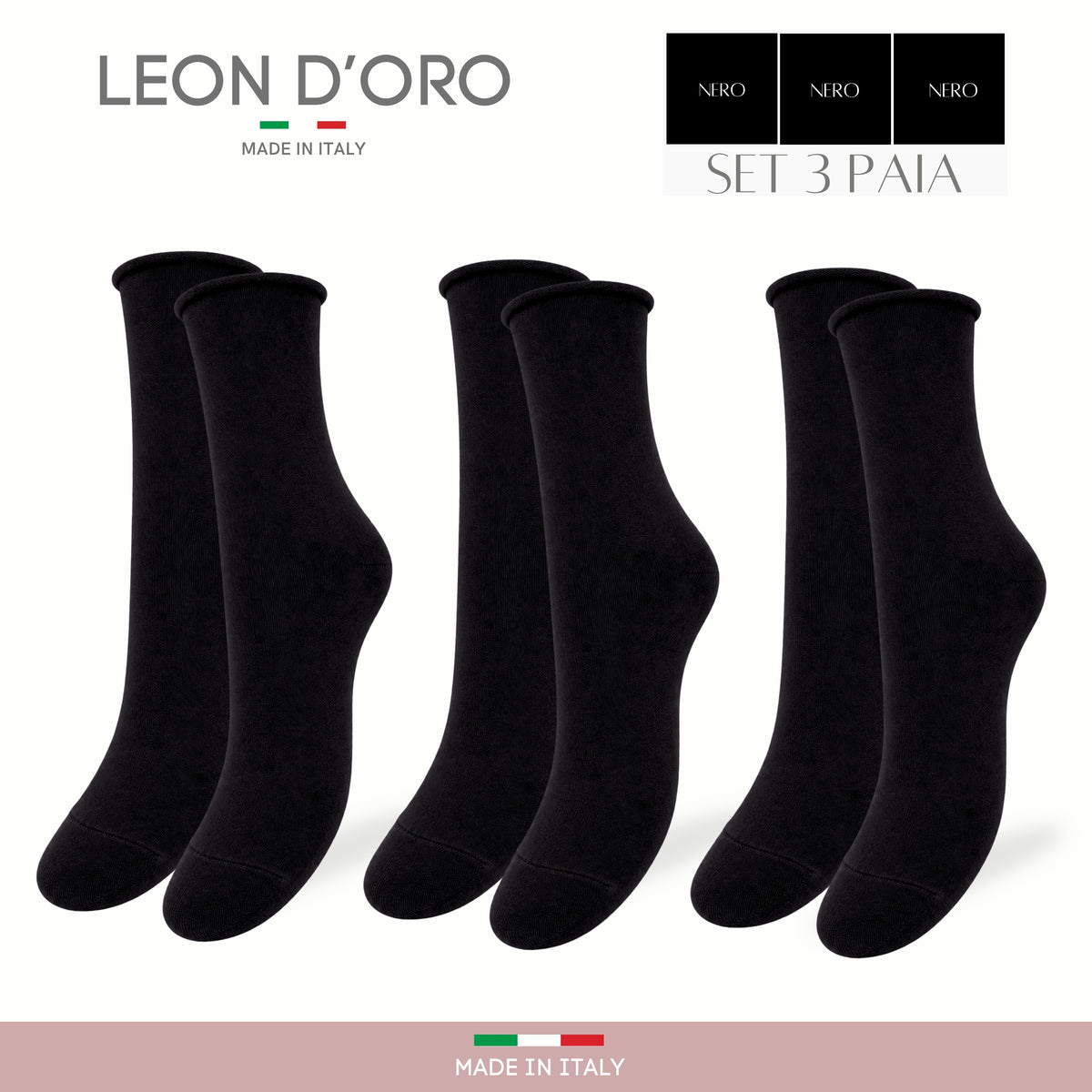 Calzini SENZA ELASTICO Donna CALDO COTONE 3 Paia Calzino Corto Moda Made in Italy ASS NERO