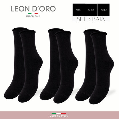 Calzini SENZA ELASTICO Donna CALDO COTONE 3 Paia Calzino Corto Moda Made in Italy ASS NERO