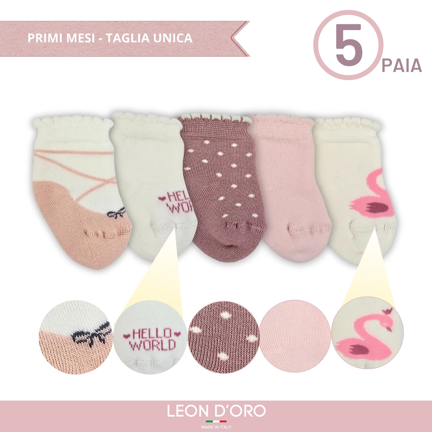 Calze Neonata 5 PAIA Calzino Regalo Scarpine Babbucce bambini Primi Mesi Taglia Unica Made in Italy