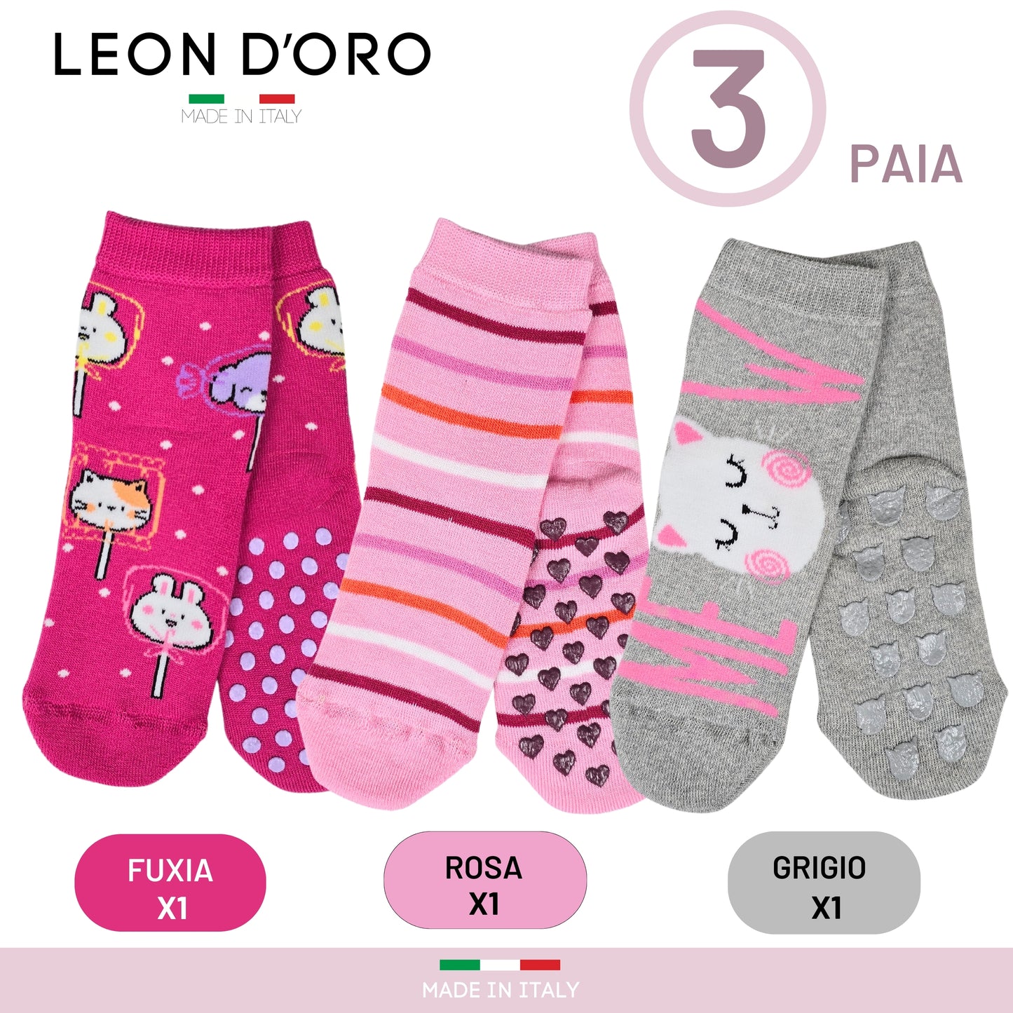 Calzini Bambina Antiscivolo Cotone 3 Paia Calze Bimba abs scuola casa gonfiabili, Made in Italy
