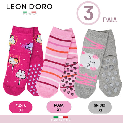 Calzini Bambina Antiscivolo Cotone 3 Paia Calze Bimba abs scuola casa gonfiabili, Made in Italy