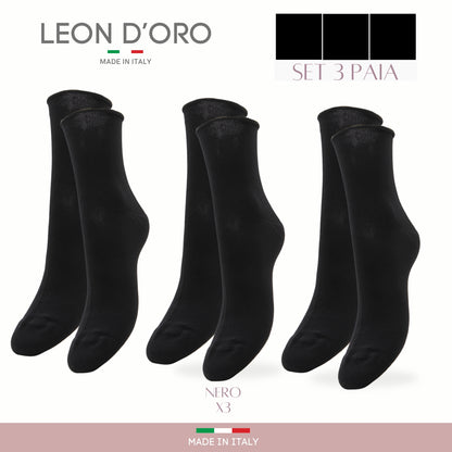 Calzini Senza Elastico Donna Cotone Leggero 3 Paia Calze Donna Filo di scozia Made in Italy NERO