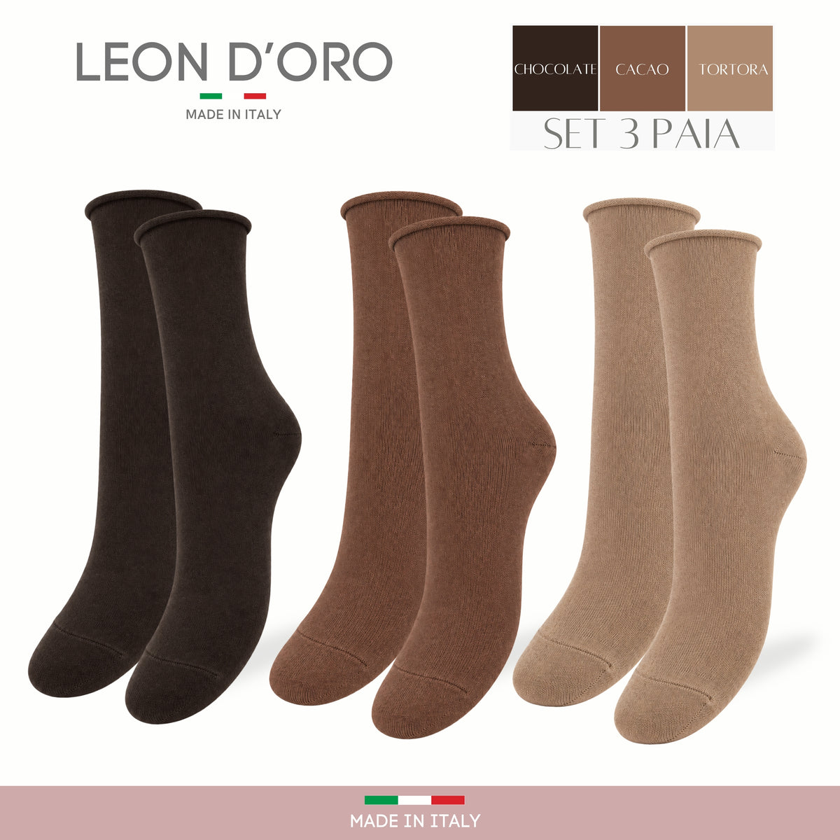 Calzini SENZA ELASTICO Donna CALDO COTONE 3 Paia Calzino Corto Moda Made in Italy ASS TERRA