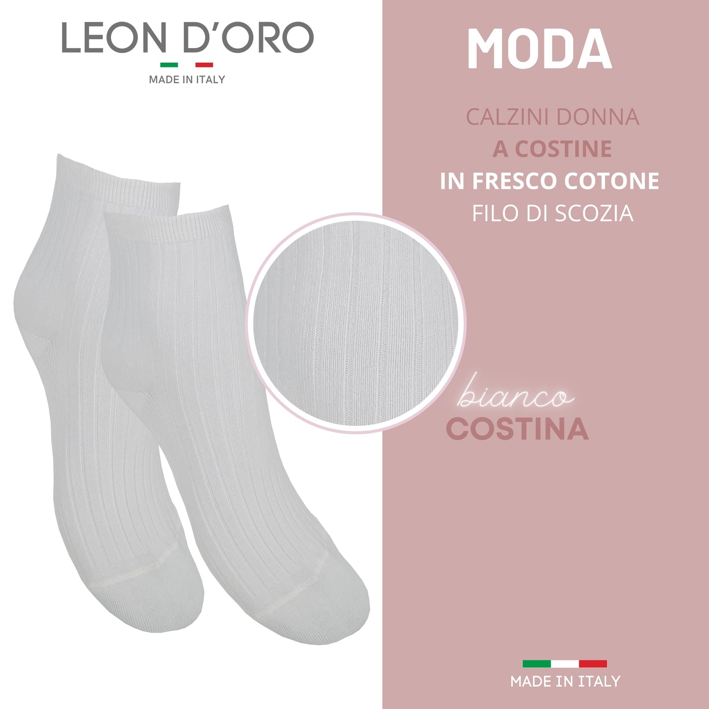 Calzini Costina Donna Cotone Leggero 3 Paia Calze Donna Filo di scozia Made in Italy BIANCO