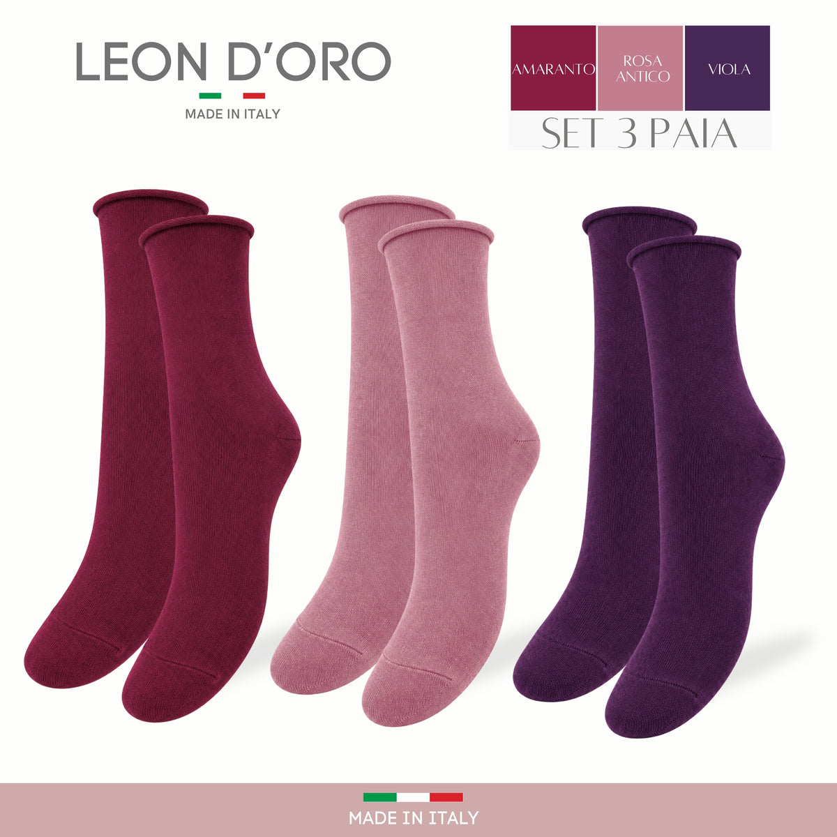 Calzini SENZA ELASTICO Donna CALDO COTONE 3 Paia Calzino Corto Moda Made in Italy ASS PINK