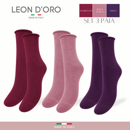 Calzini SENZA ELASTICO Donna CALDO COTONE 3 Paia Calzino Corto Moda Made in Italy ASS PINK