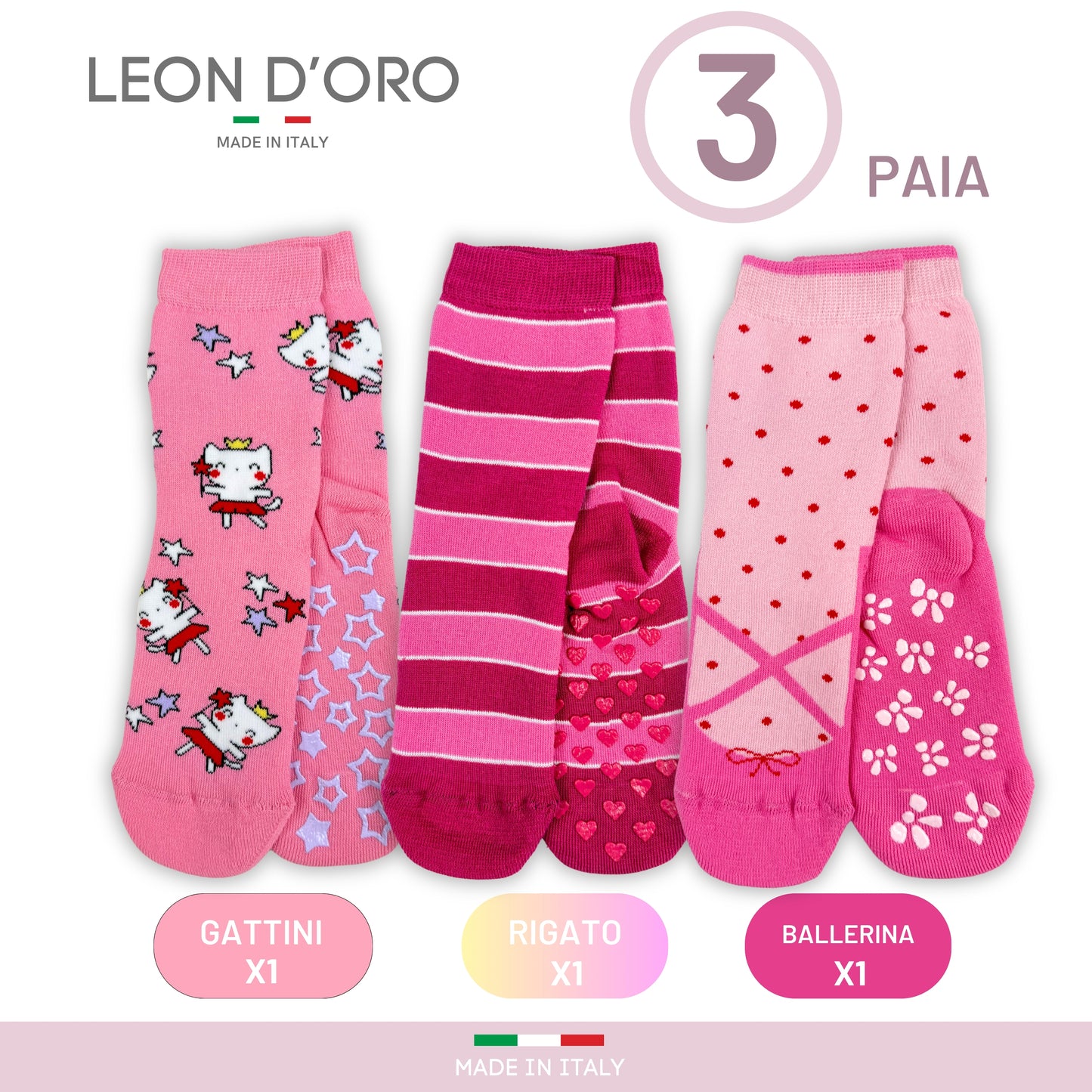 Calzini Bambina Antiscivolo Cotone 3 Paia Calze Bimba abs scuola casa gonfiabili, Made in Italy ASS4