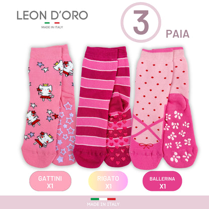 Calzini Bambina Antiscivolo Cotone 3 Paia Calze Bimba abs scuola casa gonfiabili, Made in Italy ASS4