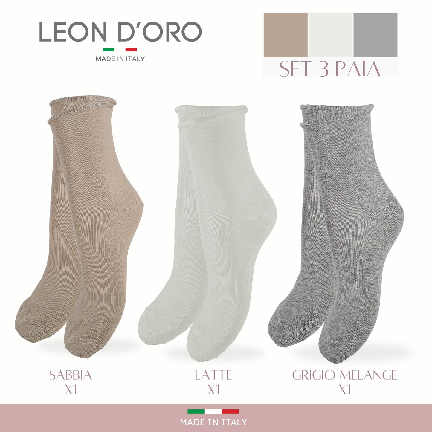 Calzini Senza Elastico Donna Cotone Leggero 3 Paia Calze Donna Filo di scozia Made in Italy NATURAL