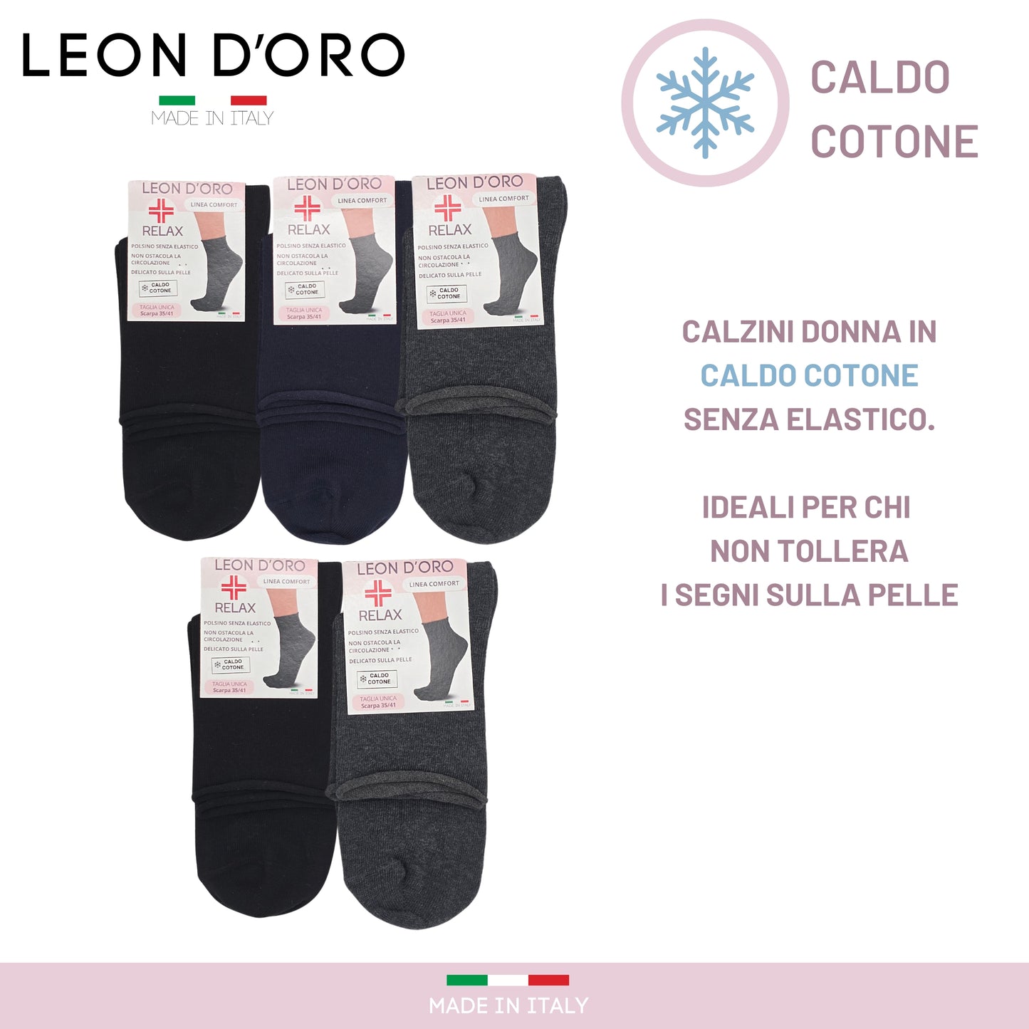Calze Donna Sanitarie caldo cotone 5  PAIA, Calzino Senza Elastico Per Diabetici, 100% Made in Italy