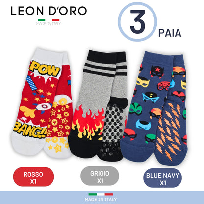 Calzini Bambino Antiscivolo Cotone 3 Paia Calze Bimbo abs scuola casa gonfiabili, Made in Italy