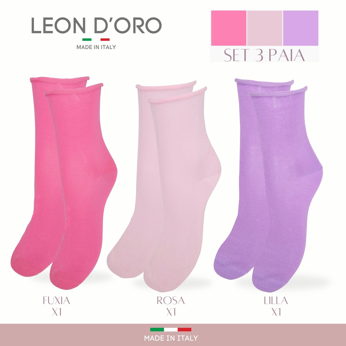 Calzini Senza Elastico Donna Cotone Leggero 3 Paia Calze Donna Filo di scozia Made in Italy PINK