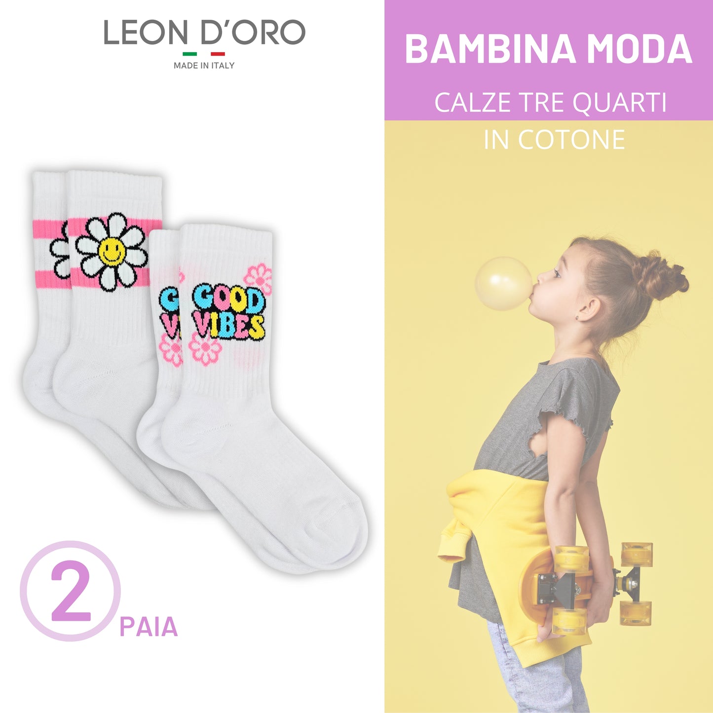 Calze Sportive Bambina 2 Paia Calzettoni Ragazza Tennis, Basket, Skateboard, Atletica, Calzini Made in Italy