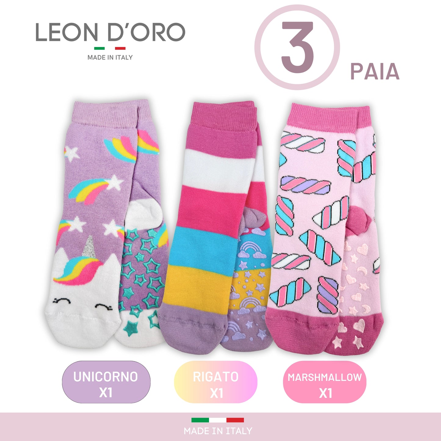Calzini Bambina Antiscivolo Cotone 3 Paia Calze Bimba abs scuola casa gonfiabili, Made in Italy ASS5