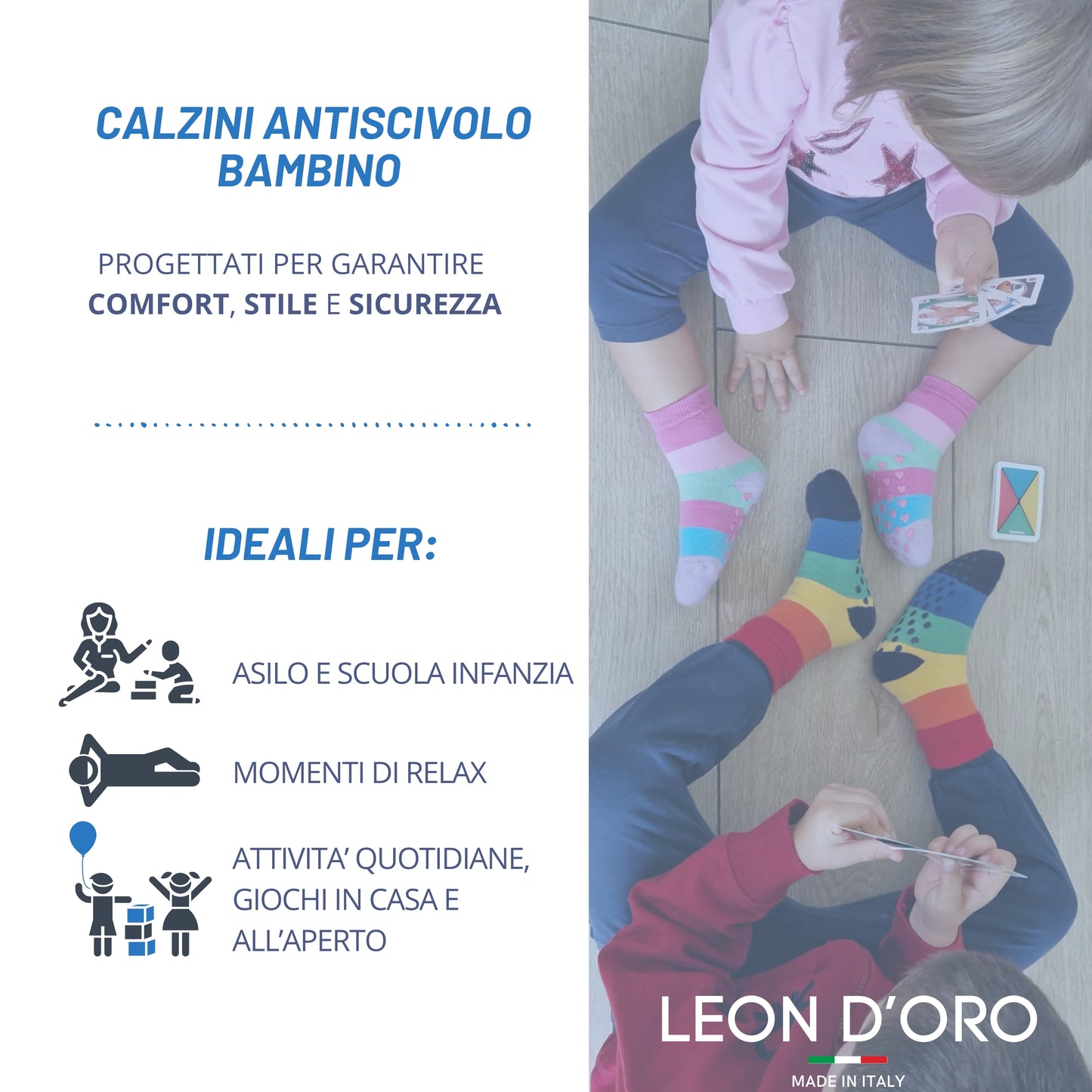 Calzini Bambino Antiscivolo Cotone 3 Paia Calze Bimbo abs scuola casa gonfiabili, Made in Italy ASS4