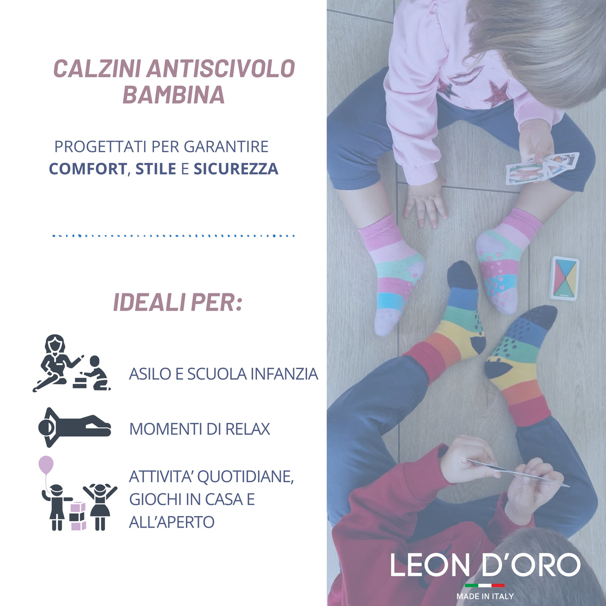 Calzini Bambina ANTISCIVOLO COTONE 3 Paia Calze Bimba abs scuola casa gonfiabili, Made in Italy ASS5