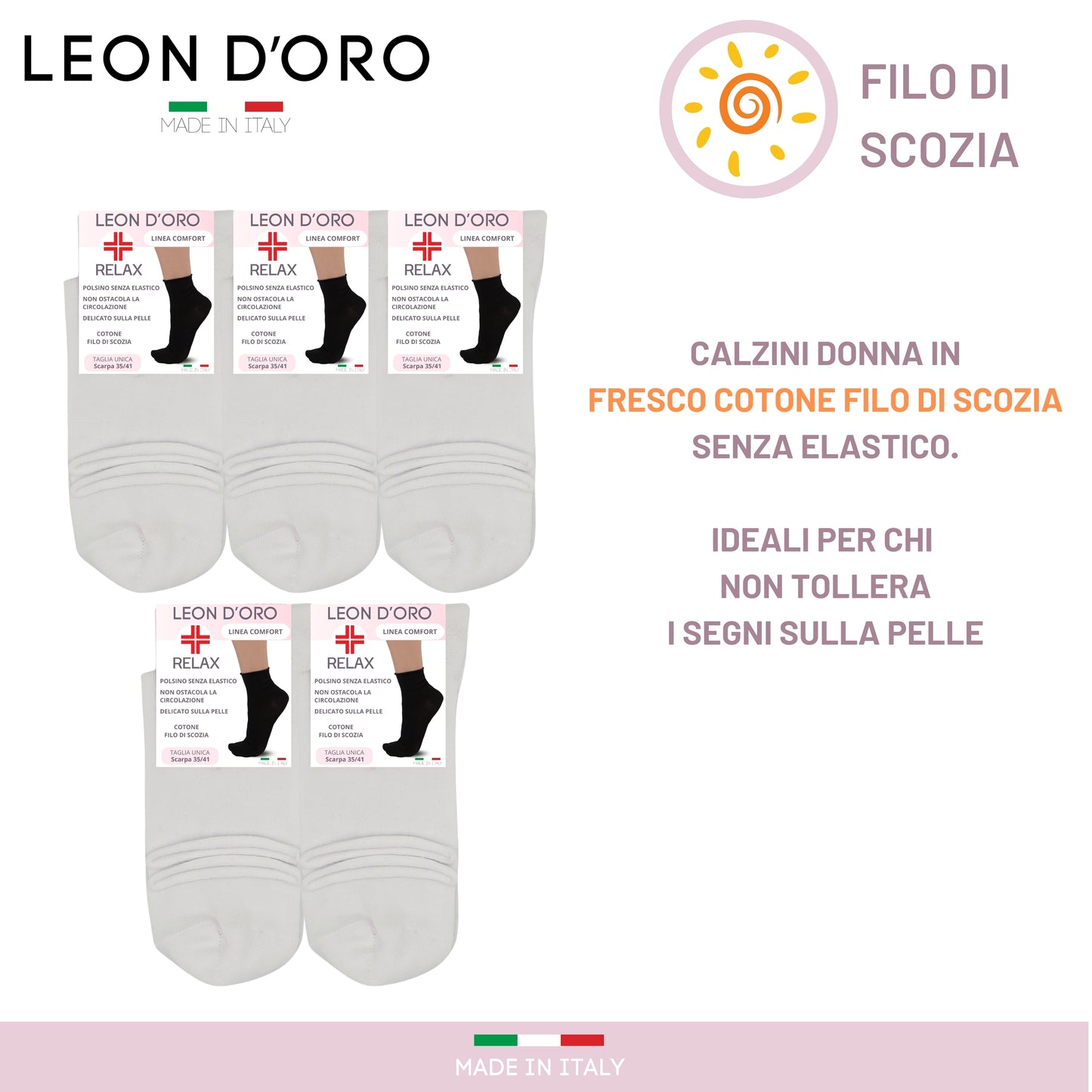 Calze DONNA Senza Elastico Diabetici COTONE FILO DI SCOZIA Calzini Sanitari 5 PAIA Made in Italy