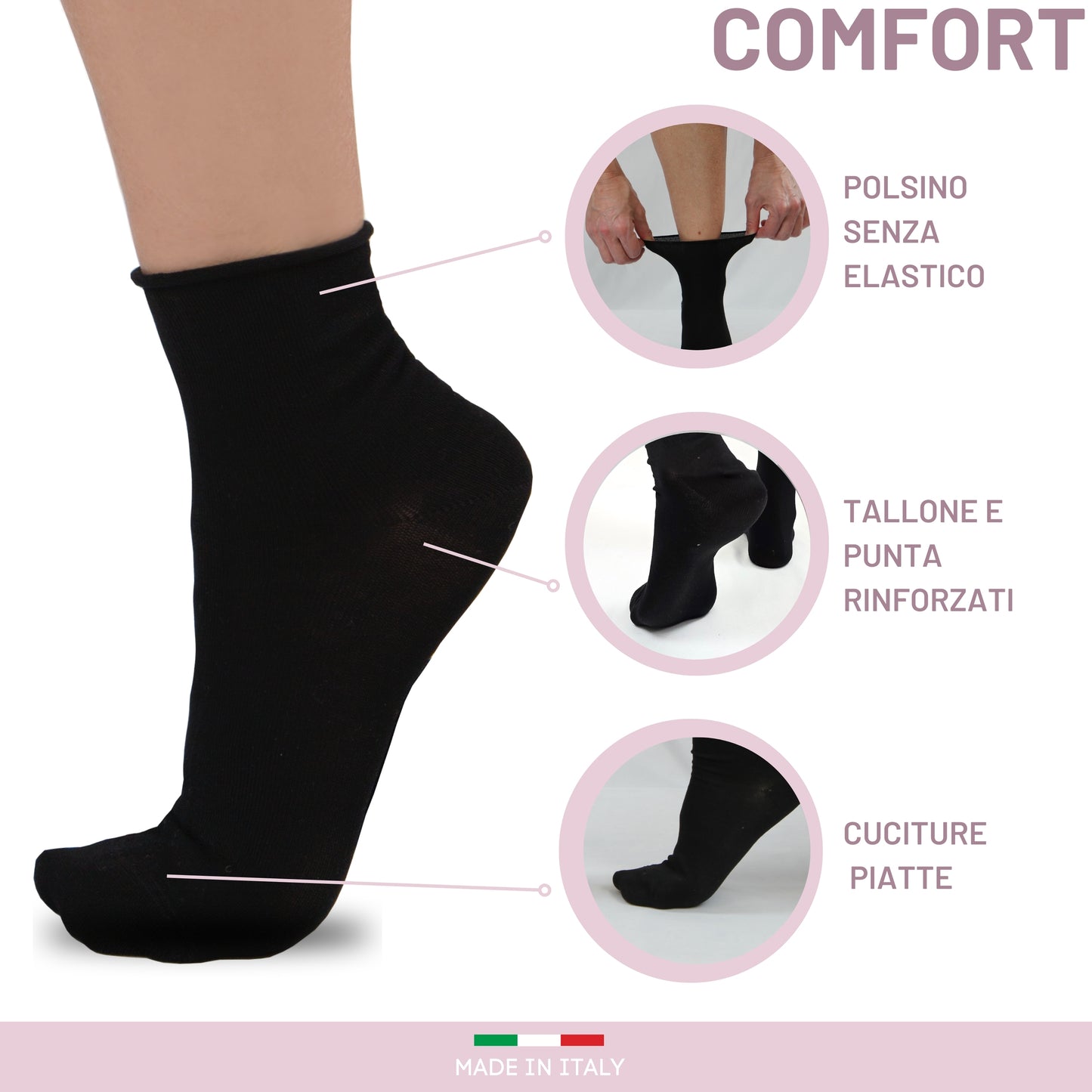 Calze Donna Sanitarie caldo cotone 5  PAIA, Calzino Senza Elastico Per Diabetici, 100% Made in Italy