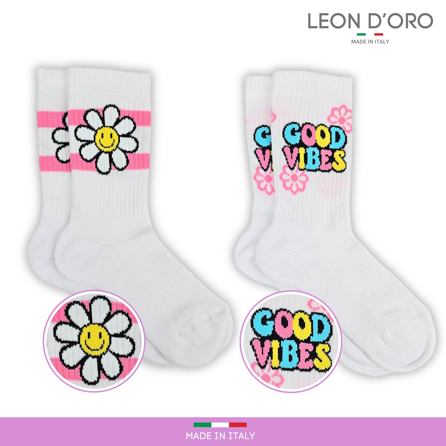 Calze Sportive Bambina 2 Paia Calzettoni Ragazza Tennis, Basket, Skateboard, Atletica, Calzini Made in Italy