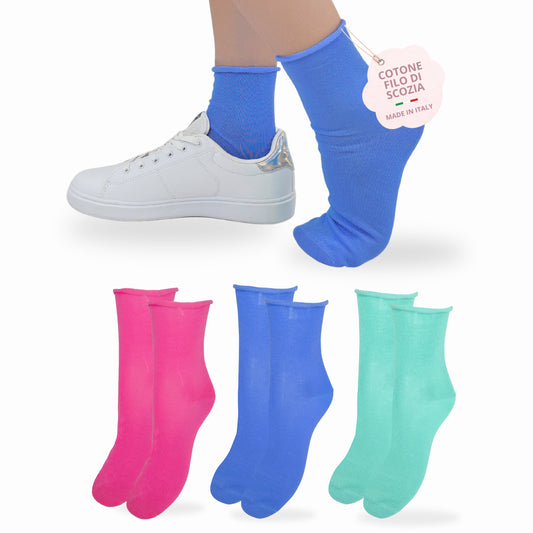 Calzini SENZA ELASTICO Donna COTONE LEGGERO FILO DI SCOZIA 3 Paia, Calze Donna Made in Italy ASS ACQUA