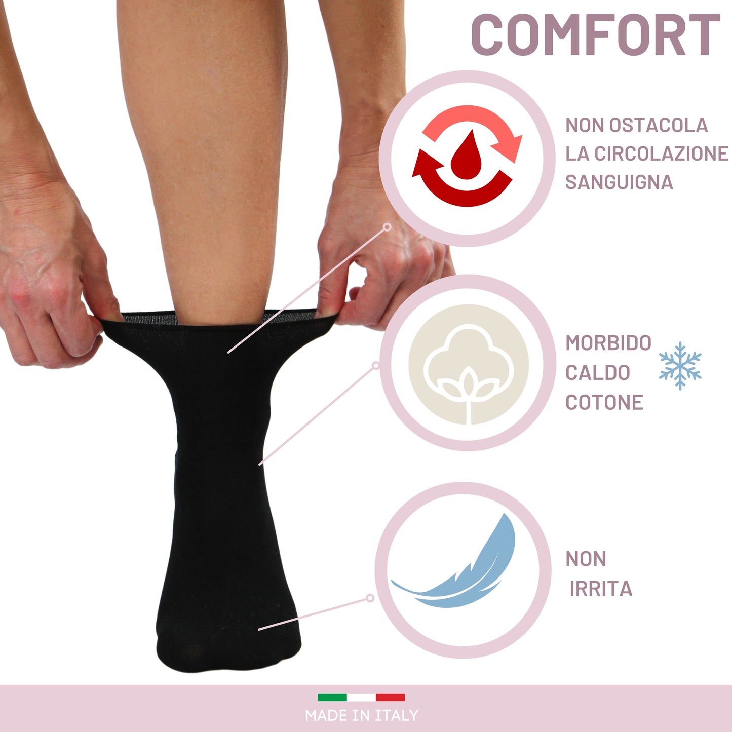 Calze Donna Sanitarie caldo cotone 5  PAIA, Calzino Senza Elastico Per Diabetici, 100% Made in Italy