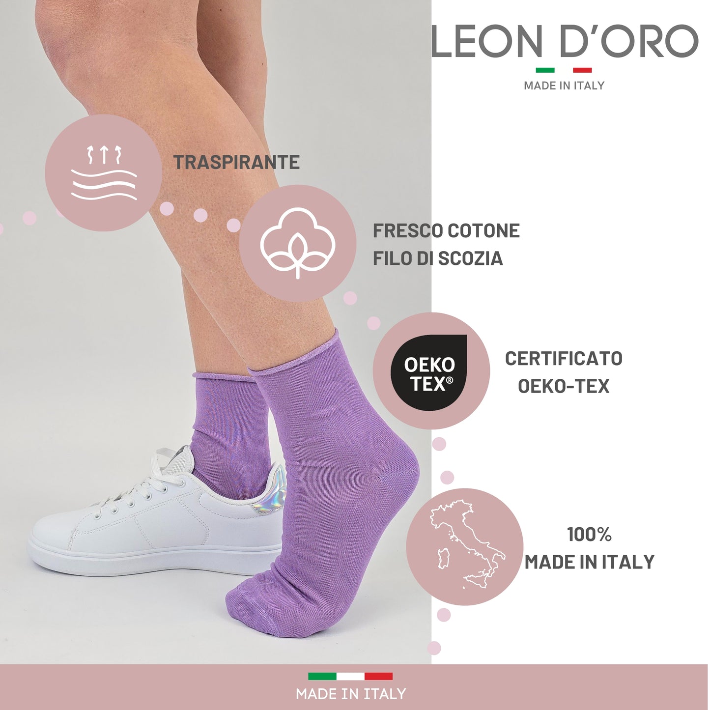 Calzini Senza Elastico Donna Cotone Leggero 3 Paia Calze Donna Filo di scozia Made in Italy PINK