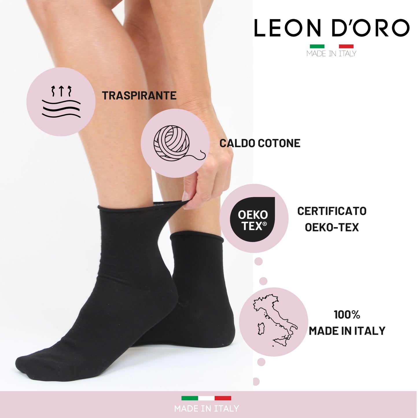 Calzini Donna senza elastico, Calze Donna Caldo Cotone 3/6 Paia Calzino Corto Moda Made in Italy NERO