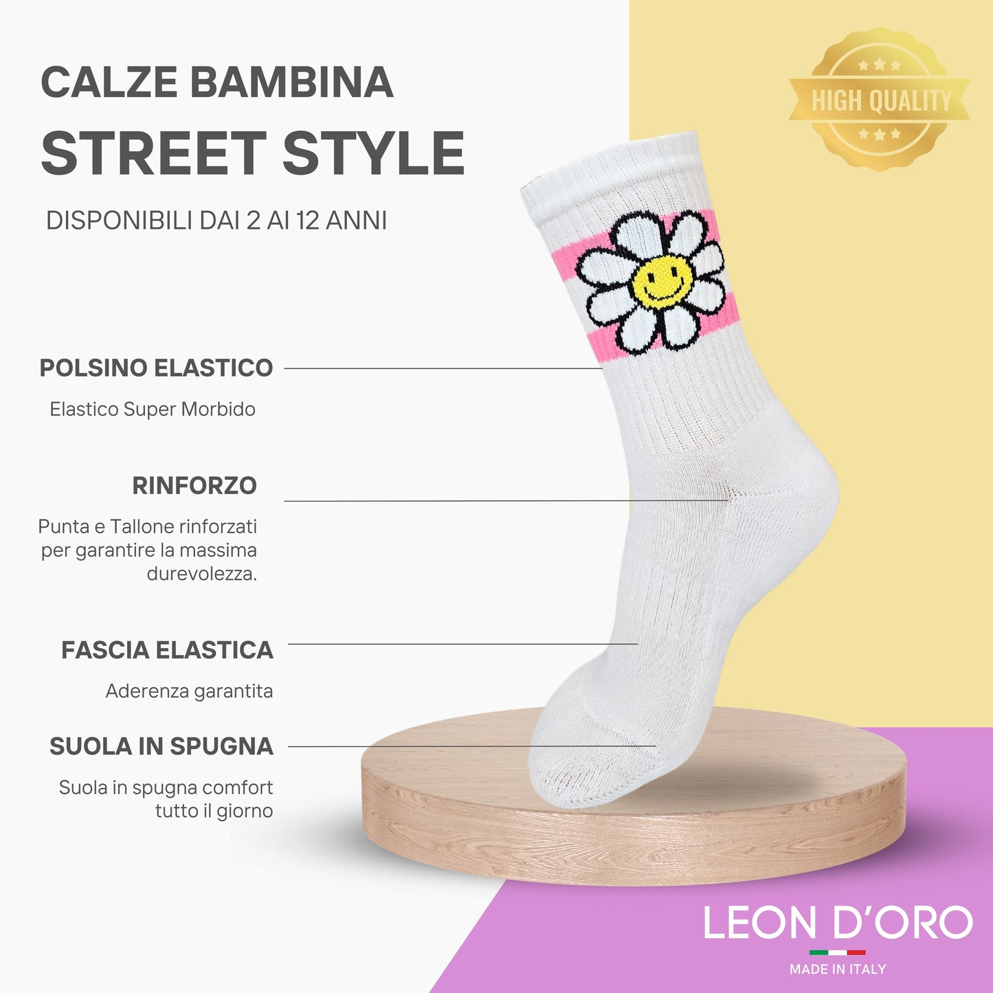 Calze Sportive Bambina 2 Paia Calzettoni Ragazza Tennis, Basket, Skateboard, Atletica, Calzini Made in Italy