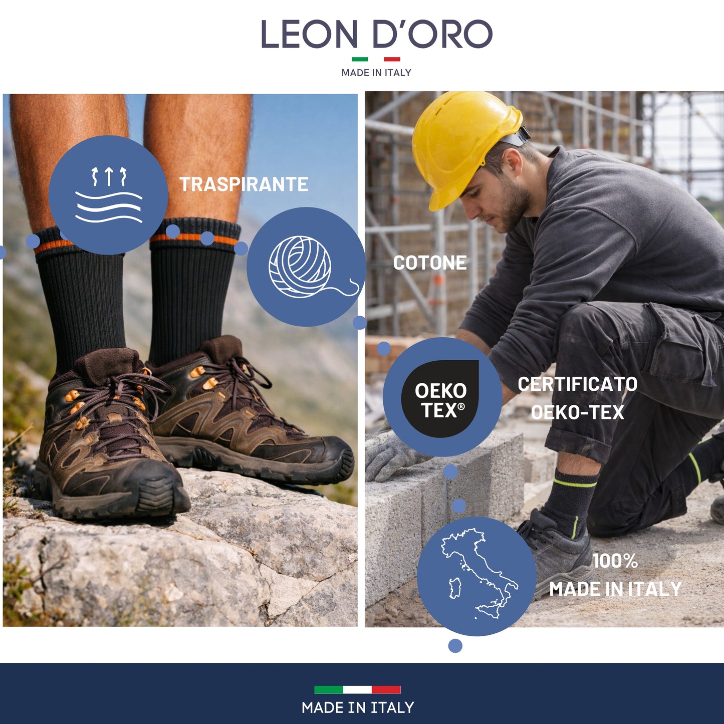 Calze da Lavoro Uomo Donna Metà Polpaccio in Cotone Punta e Tallone Rinforzati Traspiranti Supporto Arco Plantare Made in Italy
