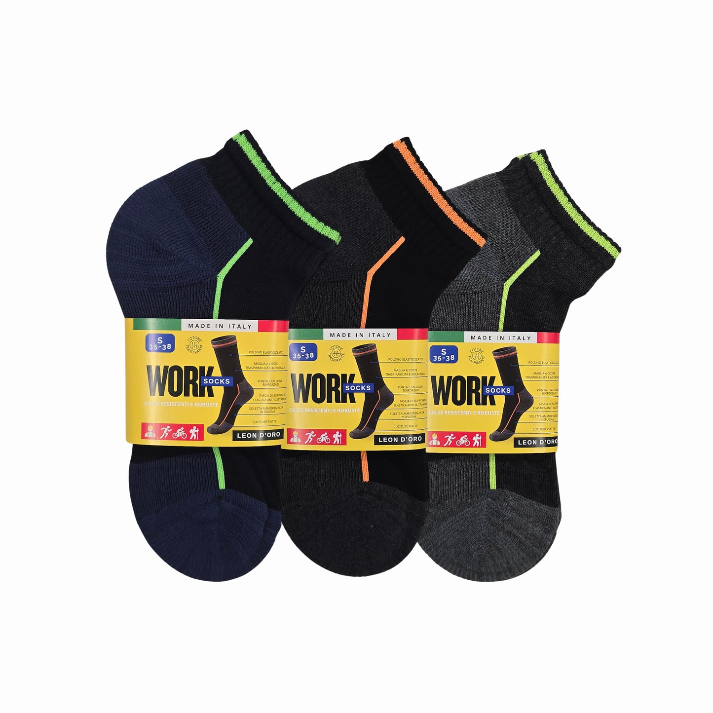 Calze da Lavoro Uomo Donna Corte in Cotone Punta e Tallone Rinforzati Traspiranti Supporto Arco Plantare Made in Italy