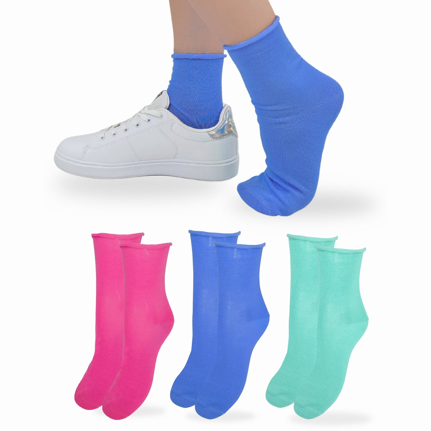 Calzini SENZA ELASTICO Donna COTONE LEGGERO FILO DI SCOZIA 3 Paia, Calze Donna Made in Italy ASS ACQUA