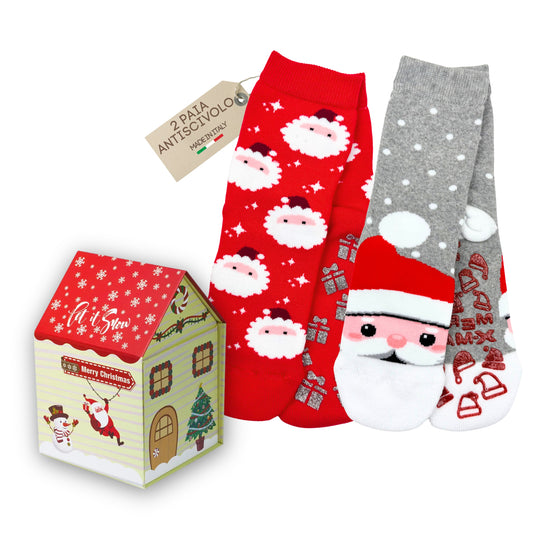 Calzini Natale Bambino Antiscivolo Calze Bambina Scatola Regalo Natale, Made in Italy ASS1