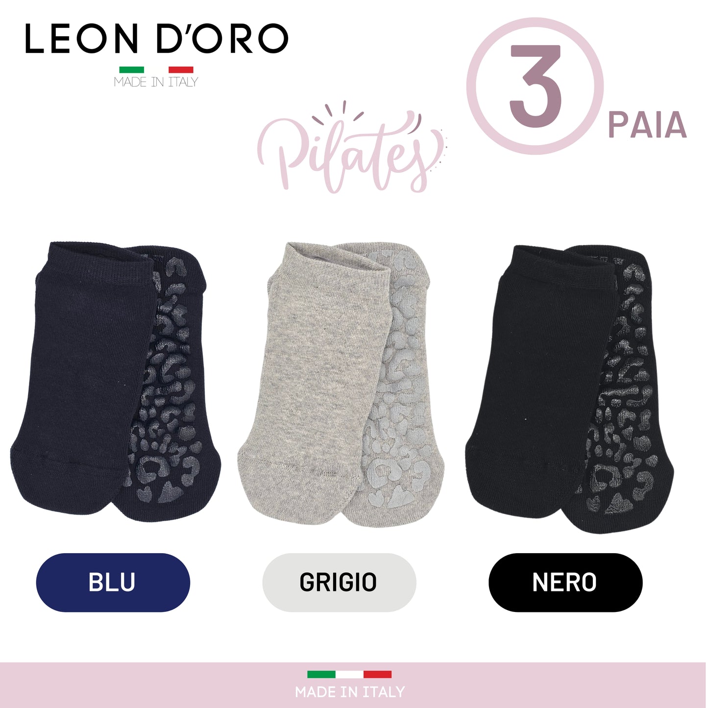 Calze donna Pilates Calzini Antiscivolo 3 Paia Calze yoga fitness ballo Made in Italy