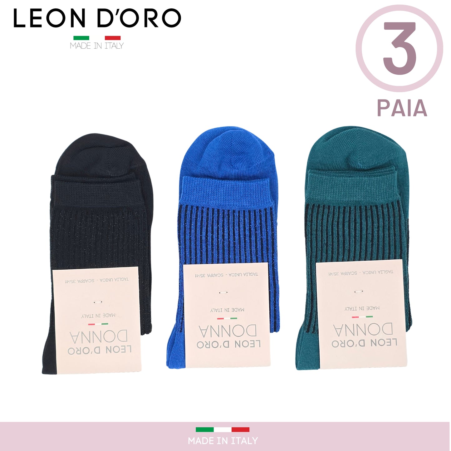 Calzini Donna Caldo Cotone 3 paia, Calzino Donna Corto, Calzini Donna senza elastico Moda Made in Italy ASS ROYAL